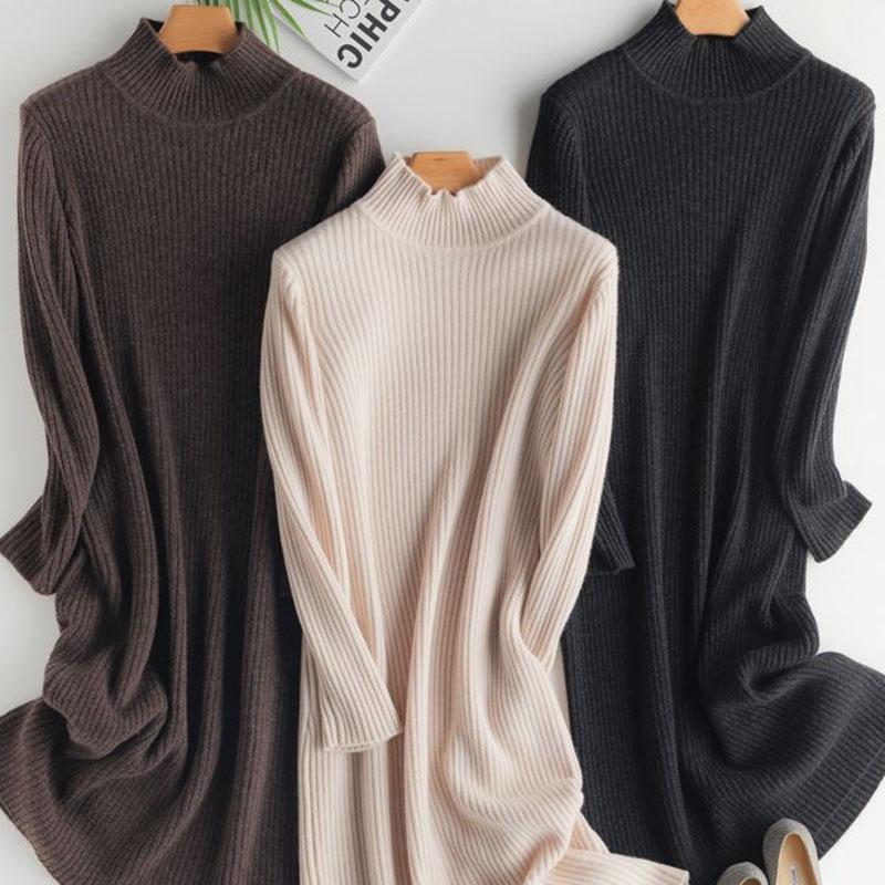 Sweater Dress Women's Half Turtleneck Pullover Knitwear Mid-length Over The Knee Loose Top Trending Sweater Dress Autumn Winter