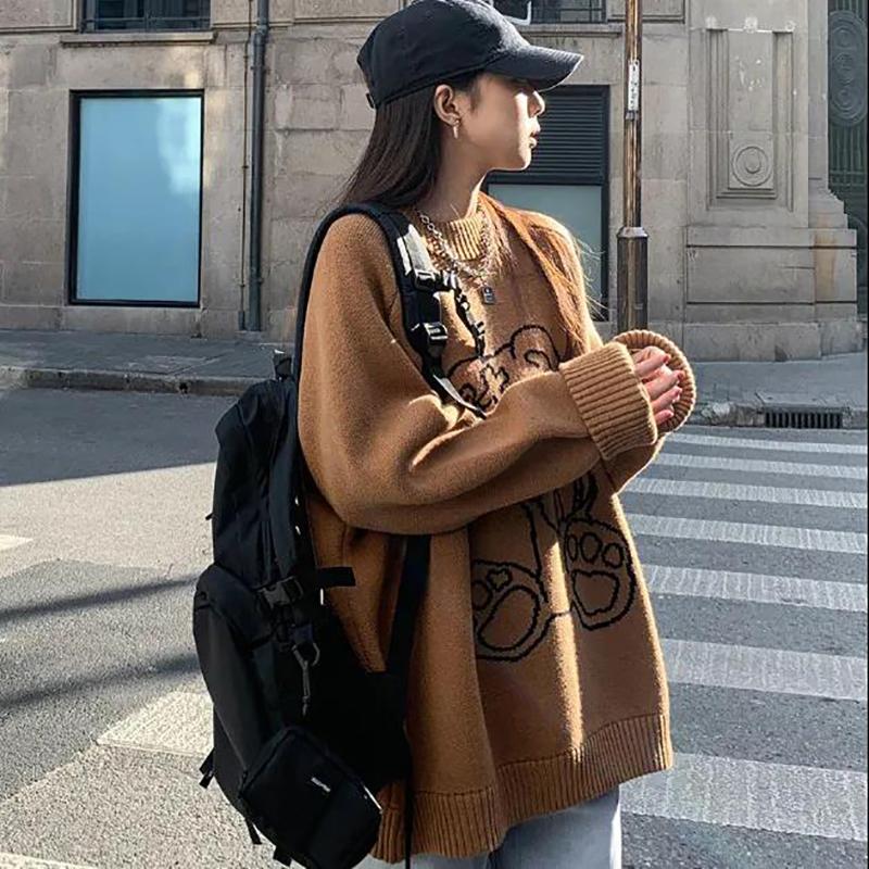 Autumn and Winter Women's Sweater Korean Loose Print Pullover Sweater Cute Round Neck Top