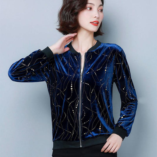 Autumn and Winter Loose Gold Velvet Printed Short Coat Women's Casual Baseball Uniform Loose Long-sleeved Cardigan Top