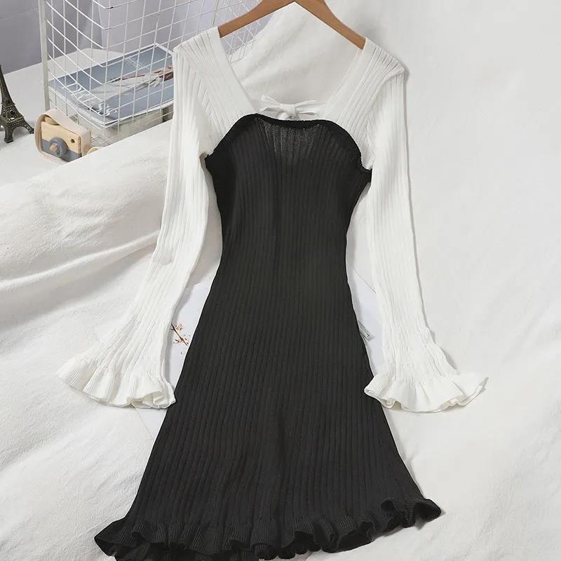 Sweet Wood Ear Knitted Skirt Autumn Stitching Contrast Color Exposed Clavicle Dress