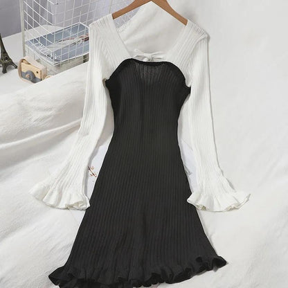Sweet Wood Ear Knitted Skirt Autumn Stitching Contrast Color Exposed Clavicle Dress