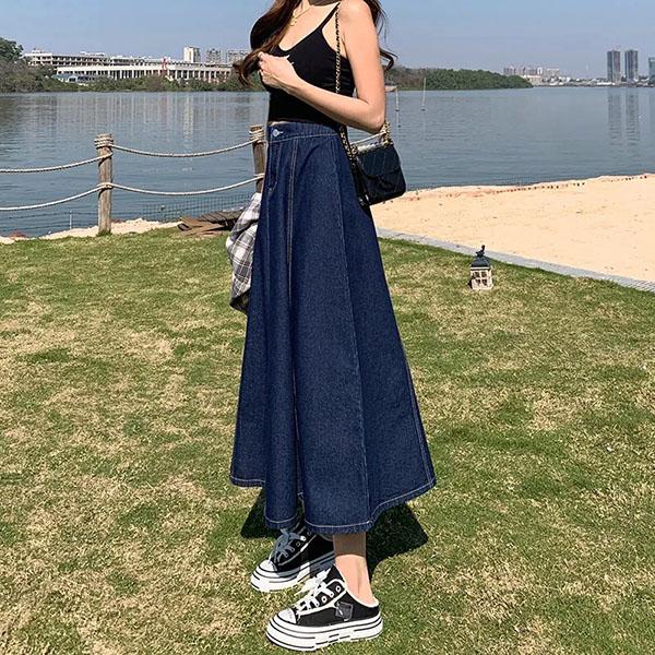 Skirts Women's Long Skirt Spring Summer Mid-length Denim Skirt Pleated Elastic High Waist Thin A-line Skirt