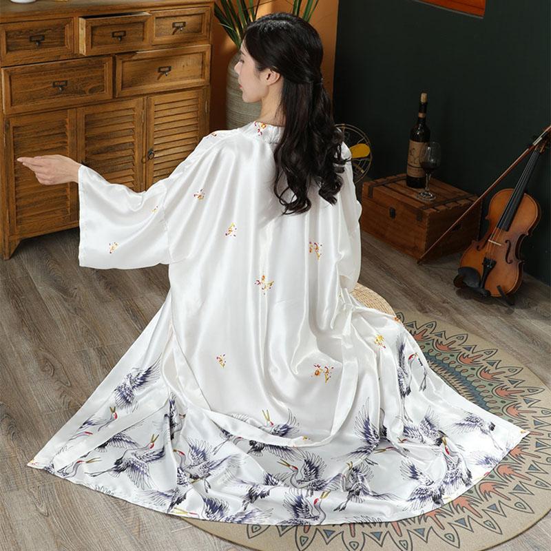 Summer Women's Nightgown Imitation Silk Satin Kimono Bridesmaid Dress Floral Thin Cardigan Dressing Gown Bathrobe