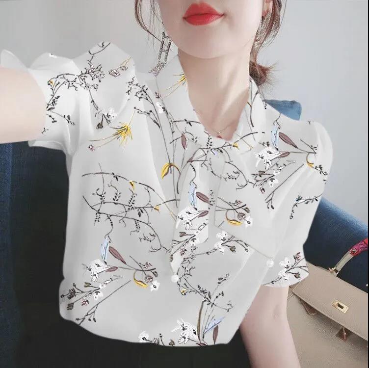 Floral Blouse Women Fashion Korean Tops Summer Short Sleeve Blouses Plus Size