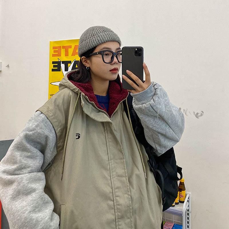 Cotton-padded Jacket Women's Winter Style Cotton-padded Jacket Loose Student Hong Kong Style Lamb Wool Plus Velvet Thick Coat
