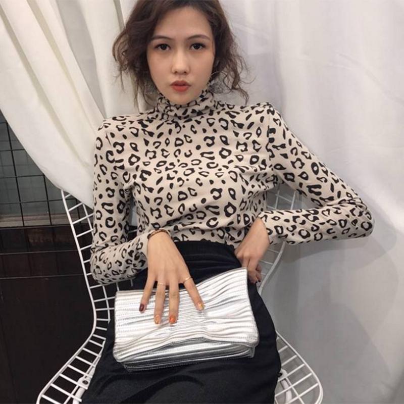 Pofulove Wild Thin Plus Fleece Top Turtleneck Bottoming Shirt Women's Long Sleeve Leopard Warm Slim