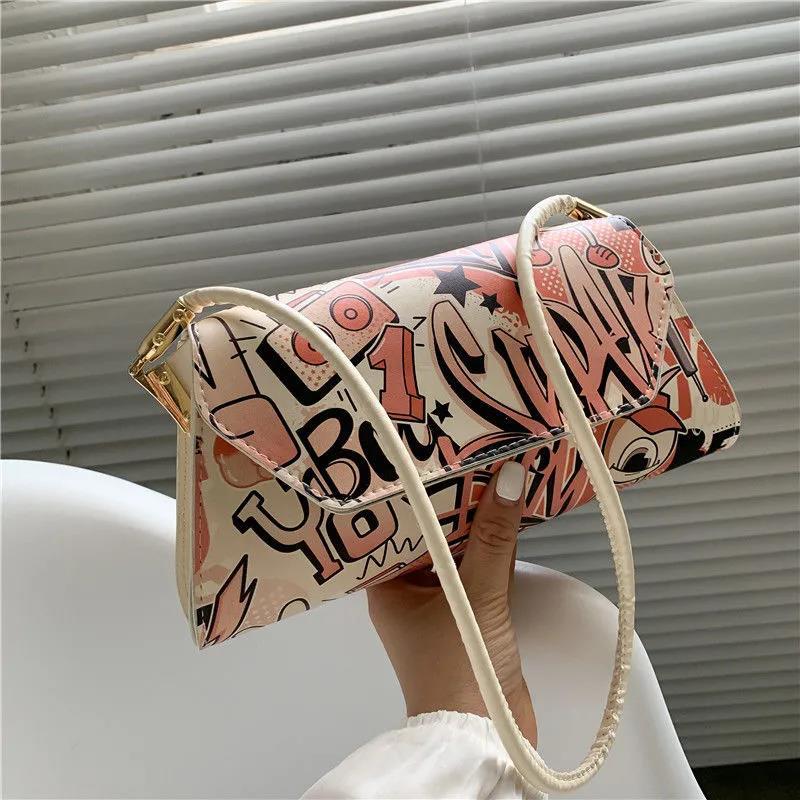 Comic Doodle Pattern PU Leather Armpit Bag for Women Shoulder Handbags Lady Elegant Baguette Bag