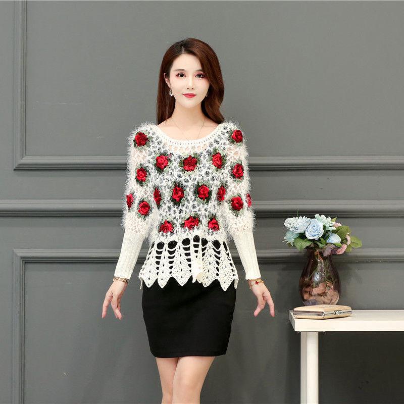 Fall/winter Women Crocheted Knit Jumper Short Pullover Batwing Sweater  Round Neck Mohair Sweater Outwear
