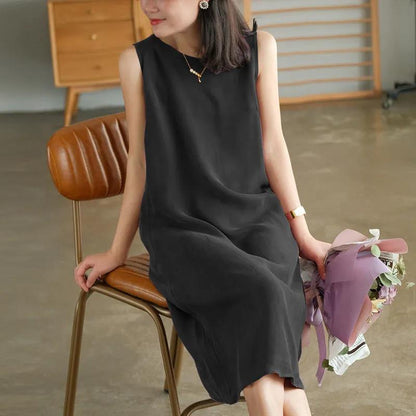 Women's Short Sleeve Dress Summer Loose Large Size Mid Length Round Neck Solid Color Skirt