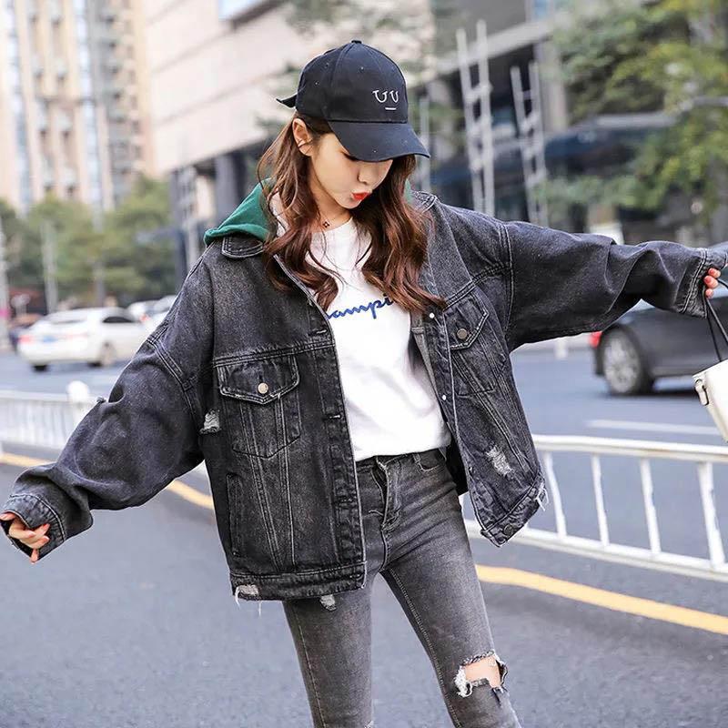 Loose Hooded Denim Jacket Women's Spring and Autumn Models with Broken Holes Embroidered Thin Black Jacket Top Trend