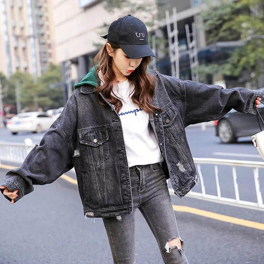 Loose Hooded Denim Jacket Women's Spring and Autumn Models with Broken Holes Embroidered Thin Black Jacket Top Trend