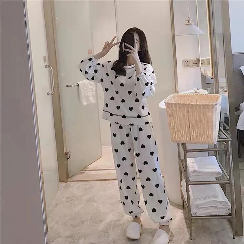 Women's Long Sleeve Heart Pajamas Large Size Loose Spring Autumn Thin Home wear Round Neck Pullover Pants Top Two Piece Sets Solid Color