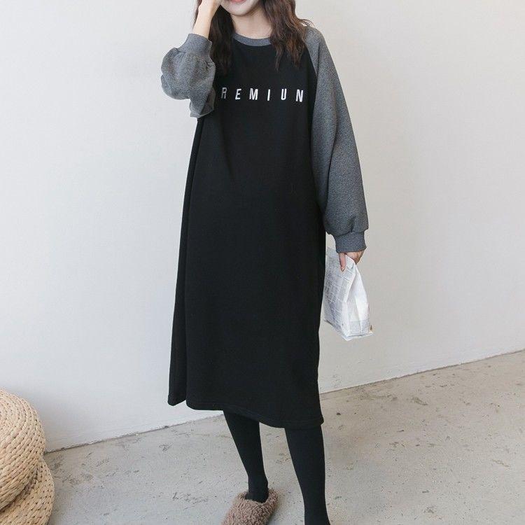 Spring and Autumn Maternity Sweatshirt Mid-length Loose Large Size Dress Long Sleeve Splicing Color Top