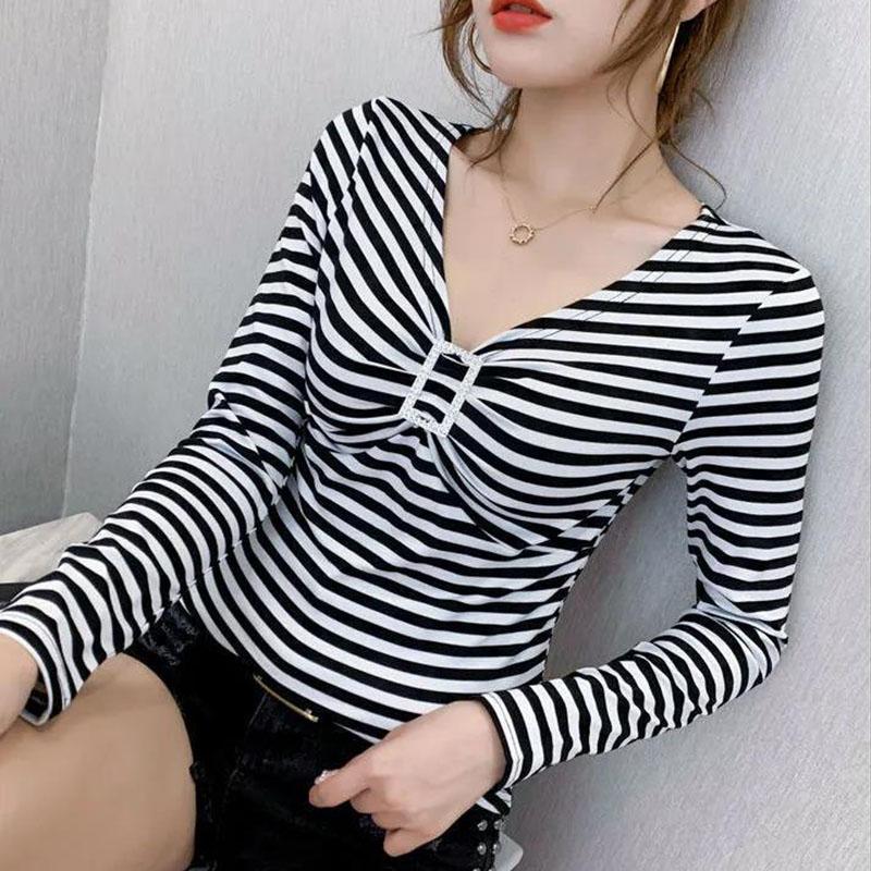 Women's Spring and Autumn Long Sleeve Bottoming Shirt Striped V-Neck Slim Top
