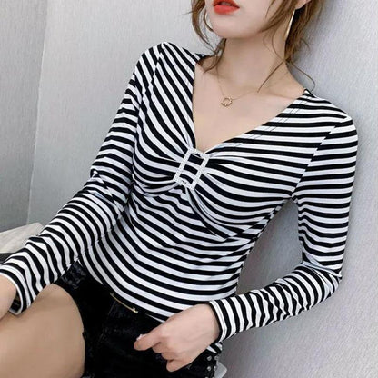 Women's Spring and Autumn Long Sleeve Bottoming Shirt Striped V-Neck Slim Top