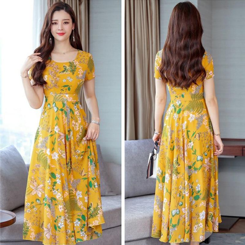 Ice Silk Dress Female Short-sleeved Temperament Was Thin Floral A-line Skirt Round Neck Large Hem Skirt Large-size Skirt Waist Was Thin