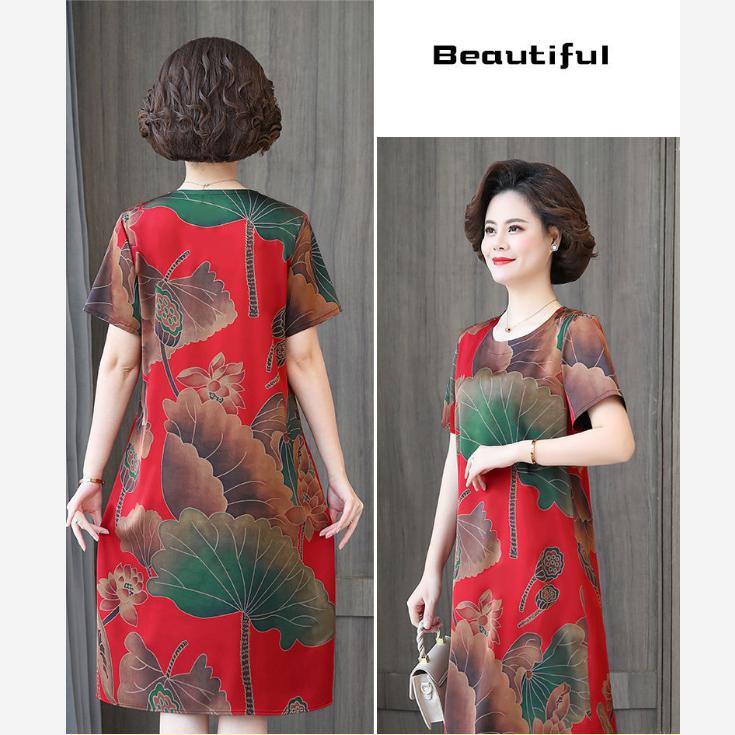 Large Short-sleeved Dress Middle-aged and Elderly Mothers Summer Mid-length Round Neck Print Loose Belly Cover