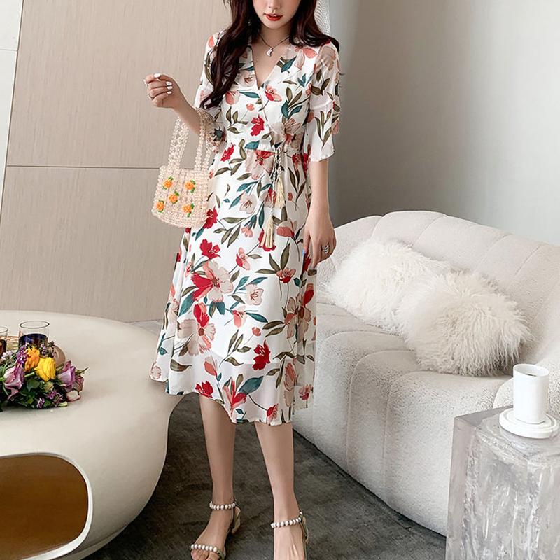 Large Size Floral Dress Women's Summer Dress Short Sleeve Printing Knee-length Daily Wear Office Dating Party