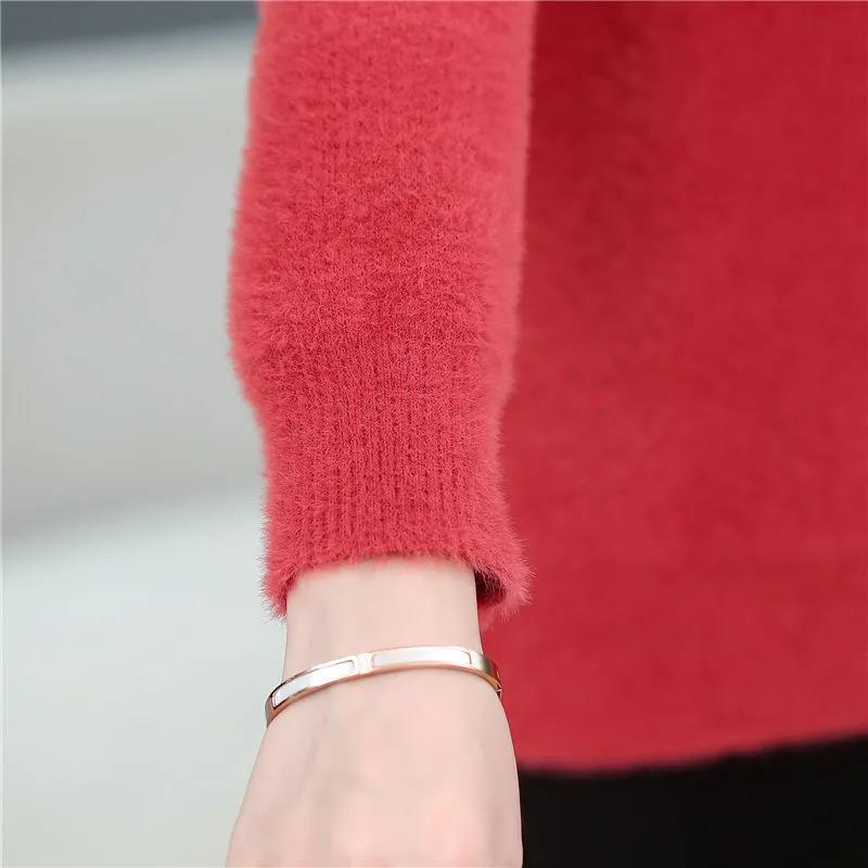 Autumn and Winter Women's Mink Fleece Sweater Loose Large Size Warm Bottoming Shirt Half Turtleneck Diamond Knitted Sweater