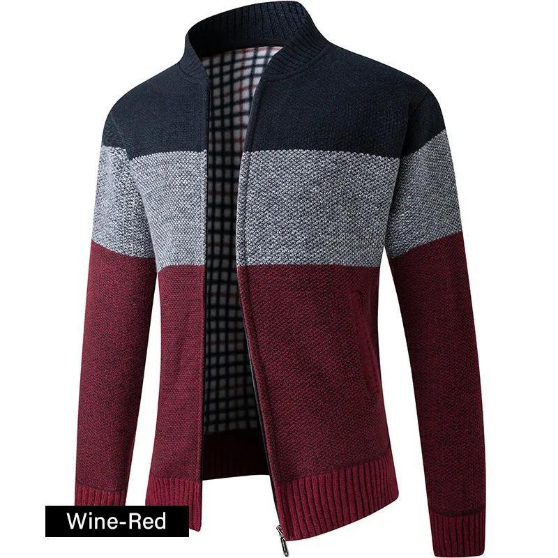 Autumn and Winter Stand-up Collar Sweater Zipper Cardigan Color-blocking Shirt Plus Velvet Thick Warm Sweater Loose Casual Men's Jacket
