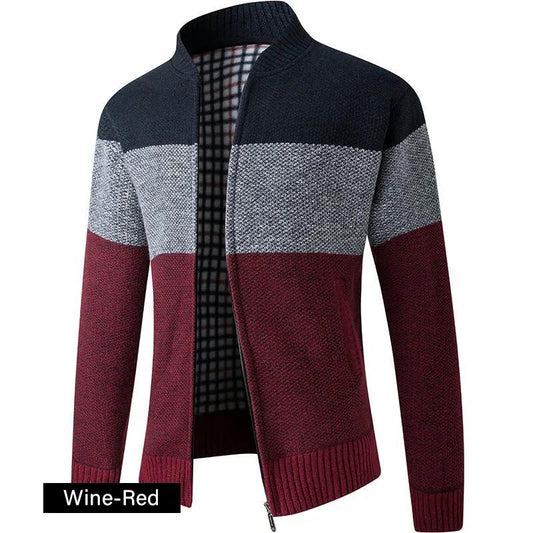Autumn and Winter Stand-up Collar Sweater Zipper Cardigan Color-blocking Shirt Plus Velvet Thick Warm Sweater Loose Casual Men's Jacket