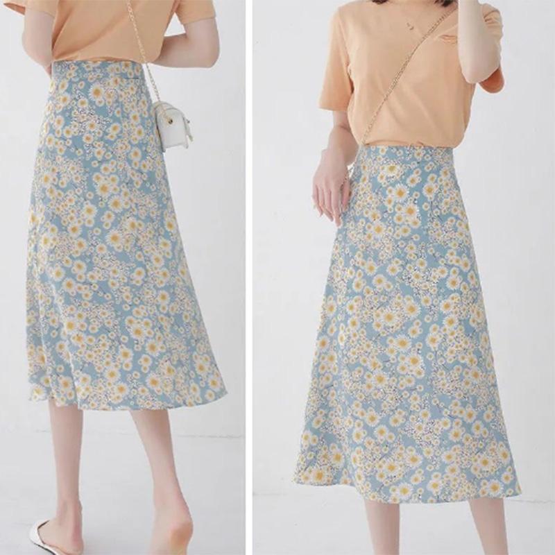 Floral Skirt Women's A-line Skirt Is Thin High Waist Chiffon Printed Midi Skirt Small Daisy Flower Skirt