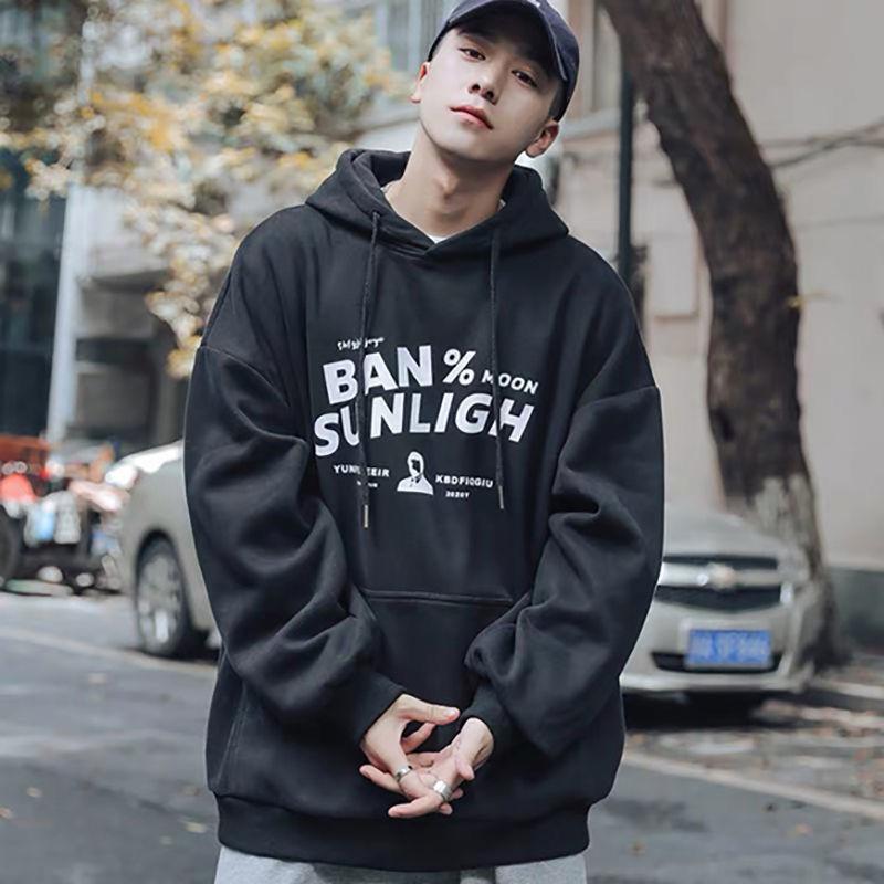 Spring Sweater Men's Plus Velvet Hooded Top Tide Brand Trend All-match Spring and Autumn Models