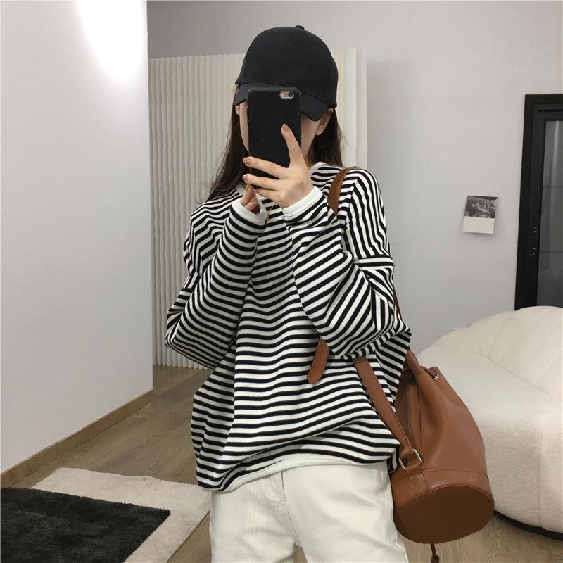 Women Striped Sweater Black and White Hoodie Oversize Casual Lazy Loose Sweaters Female Girls Korean Winter Autumn Fall Clothes Tops