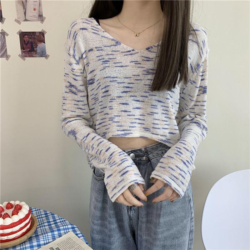 Autumn Rainbow Strip Sweet Sexy V-neck Short Cropped Long-sleeved Sweater Top Women