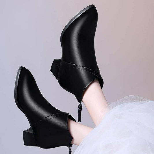 High Quality Leather Ankle Boots Sexy Pointed Toe Female Shoes Woman Slip on Elastic Band Footwear