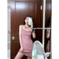 Women's Summer French Elegant Retro Pink Floral Suspender with Ruffle Bra Dress