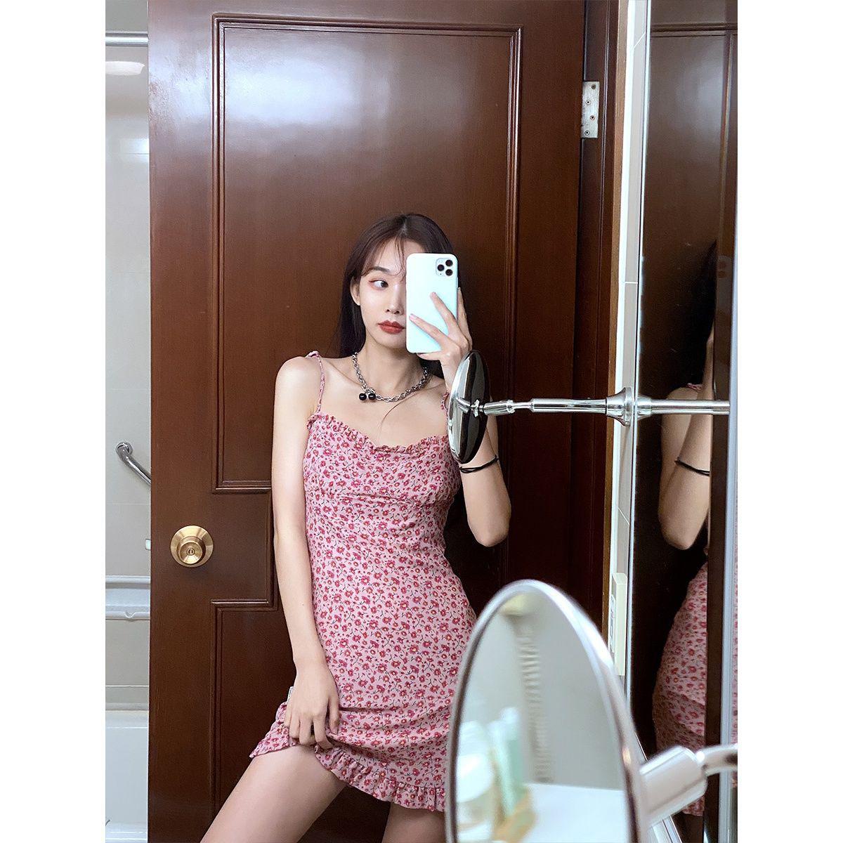 Women's Summer French Elegant Retro Pink Floral Suspender with Ruffle Bra Dress