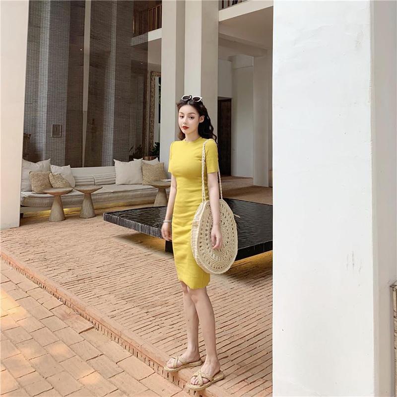 Ladies Sexy Short Sleeves Mid-lengthTight-fitting Stretch-wrapped Hip Skirt Waist Slim Dress