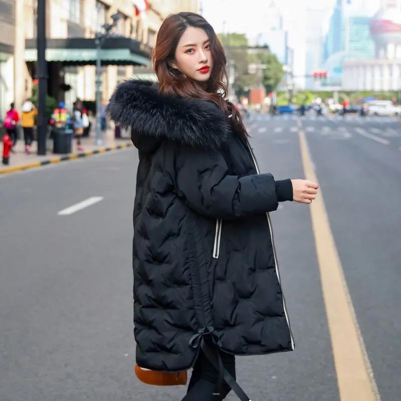 Women's Solid Color Embroidered Down Jacket Mid-length Korean Style Loose Thick Coat Warm Cotton Coat Large Fur Collar Winter Quilted Jacket