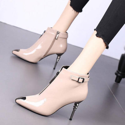 Women's Pointed High-heeled Martin Boots Zipper  Leather Bright