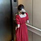 Large Size Red Square Collar Dress Female Summer French Retro Waist Slimming Long Skirt Lace Neckline Sexy Elegant Cute Playful Dress