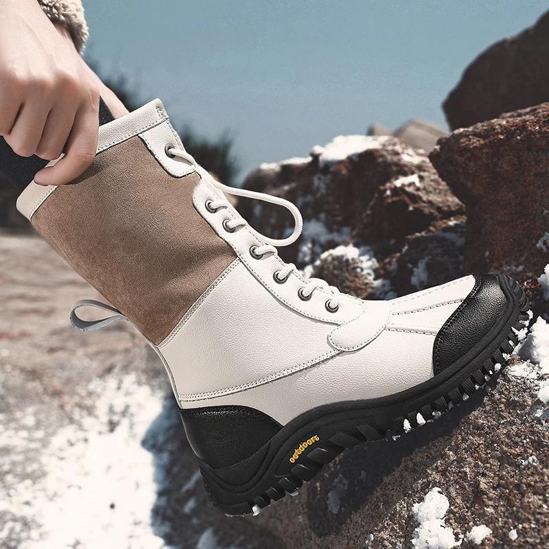 Winter Boots Women Mid Calf Snow Boots Black White Leather Boots Platform Shoes Fashion Plus Size Boots 36-42