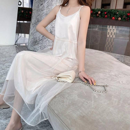 Spring Summer Woman Tank Dress Casual Satin Sexy Camisole Elastic Female Home Dresses Camis Dress