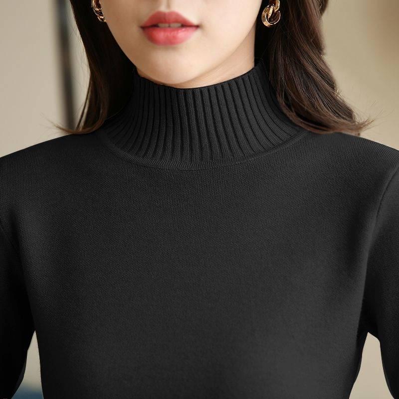 Pofulove Autumn Half Turtleneck Sweater Women Bottoming Shirt Black Long-sleeved Slim Pullover Shirt