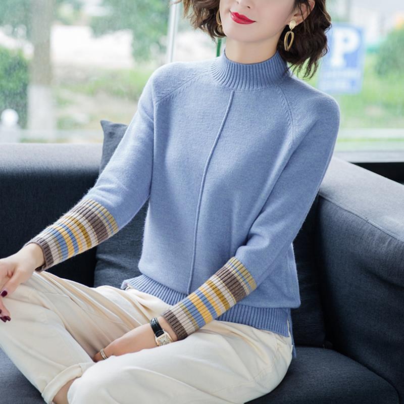 Plus velvet half-high collar sweater women's long-sleeved bottoming shirt fashion striped sweater