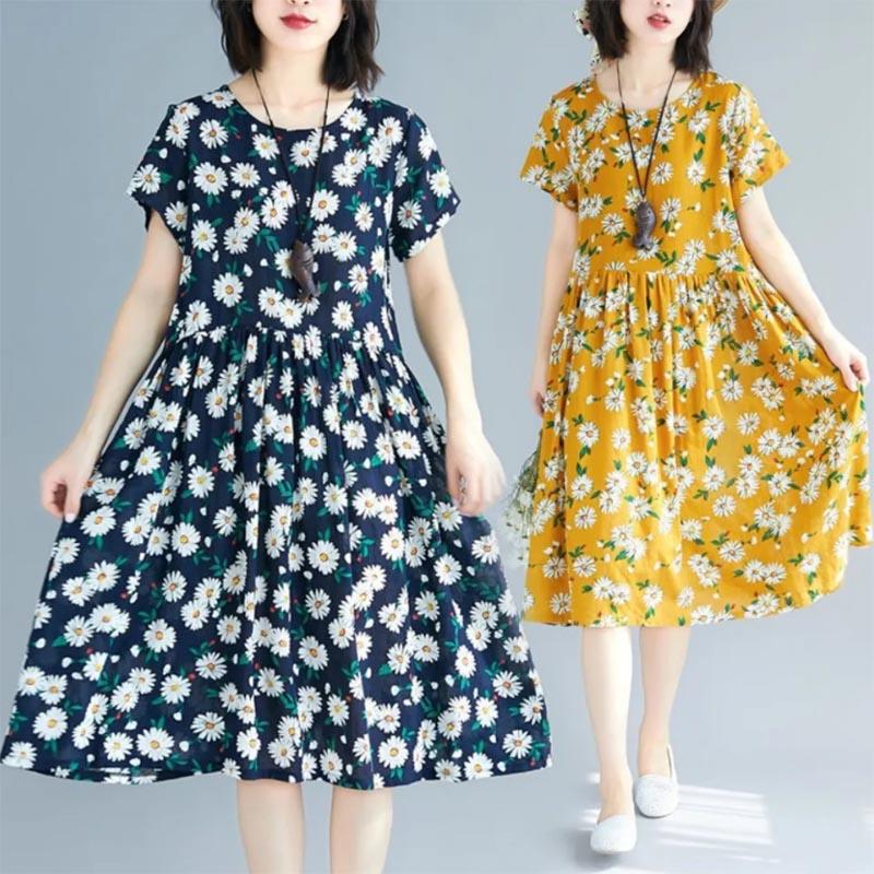 Small Daisy Floral Dress Ethnic Style Printed Literary Mother Dress Round Neck Mid-length Large Swing Skirt