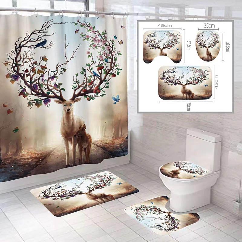 Toilet Supplies Elk Shower Curtain Four-piece 3D Digital Printing Printing Polyester Toilet Cushion Floor Mat Bath Cover Four-piece Partition Curtain