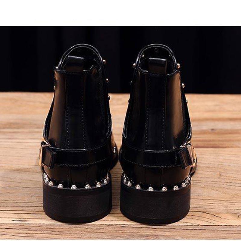 Leather Pointed Toe Thick Heels Chelsea Boots Women Back Rivets Decorate Ankle Martin Booties