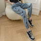 Embroidered Heart Harem Jeans Women's Spring and Autumn Denim Trousers High Waist Elastic Large Size Loose Casual Denim Pants