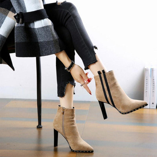 Autumn Winter Thick with High-heeled Ankle Boots Women Plus Velvet Pointed Short Boots Martin Boots