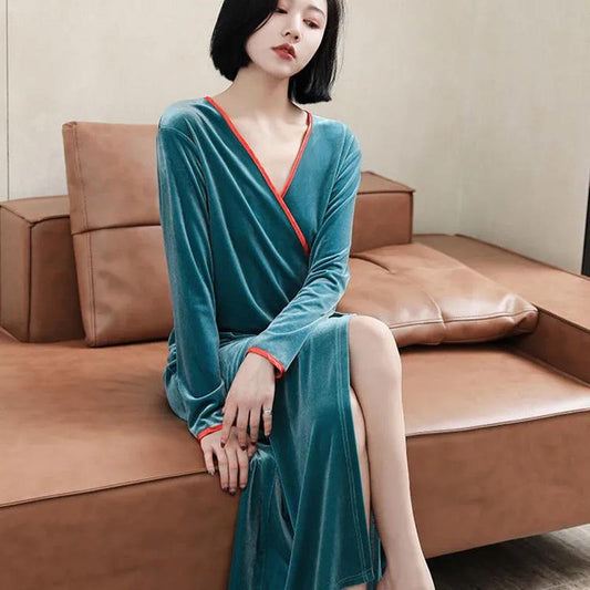 Women's Elegant Gold Velvet Long-sleeved Pajamas Japanese Kimono Nightdress Autumn Spring Nightgown Simple Loose Solid Color Robe