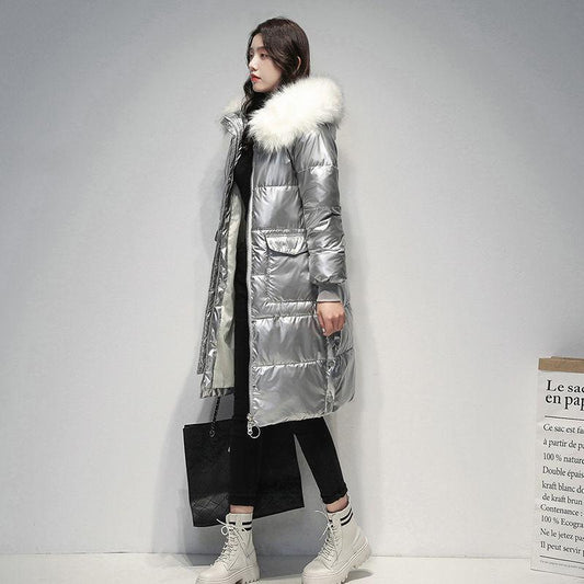 Women's Down Padded Jacket Long Over The Knee Winter Thickening Korean Loose Shiny Cotton Warm Jacket