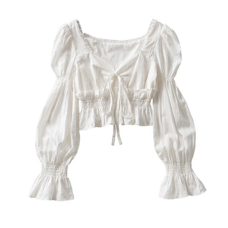 French Solid Color Pleated Lantern Sleeve Shirt Women's Summer Gentle Wind Top Tide Ins Waist Thin Shirt