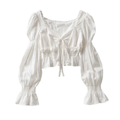 French Solid Color Pleated Lantern Sleeve Shirt Women's Summer Gentle Wind Top Tide Ins Waist Thin Shirt