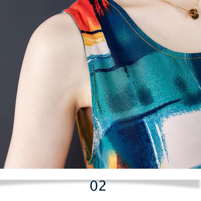 M-XXXXL Summer Ethnic Print Satin Fabric Dress Round Neck Mom Loose Slim Mid-length Vest Skirt Daily